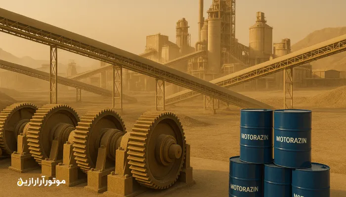 کارخانه سیمان سمنان با تجهیزات دندهای بزرگ و بشکههای آبی موتورازین در محیط کویری.روغن صنعتی سمنان