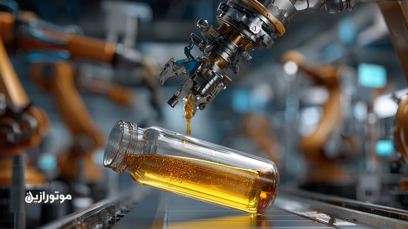 نمای نزدیک از پایش تمیزی روغن هیدرولیک با شمارش ذرات ISO 4406 در خط مونتاژ خودرو؛ ربات‌های صنعتی، شلنگ شفاف و دستگاه پارتیکل کانتر