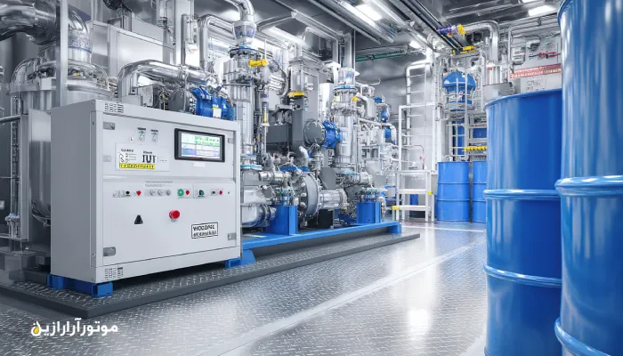دستگاه فیلترسیون روغن توربین در واحد Utility جم با مخزن روغن صنعتی و تجهیزات پایش ذرات در محیط صنعتی تمیز و روشن. روغن صنعتی جم