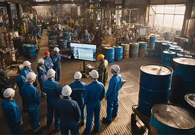 کارکنان فنی در کارخانه تولید روانکار در حال جلسه ایمنی و کنترل کیفیت در میان بشکه‌های روغن صنعتی
