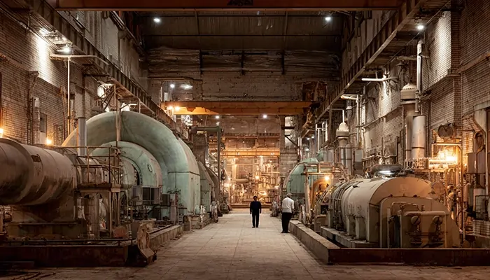 نمای داخلی از سالن بزرگ نیروگاه یا کارخانه صنعتی با توربین‌های عظیم، لوله‌ها و دو مهندس در حال بررسی تجهیزات