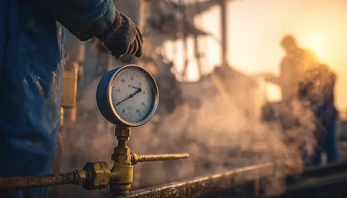 نمای نزدیک از فشارسنج بخار در محیط صنعتی با بخار در پس‌زمینه و تکنسین در حال کار در نور غروب