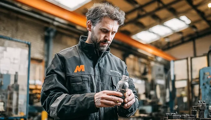 کارشناس فنی موتورازین در حال بررسی نمونه روغن موتور در بطری آزمایشگاهی داخل کارگاه صنعتی