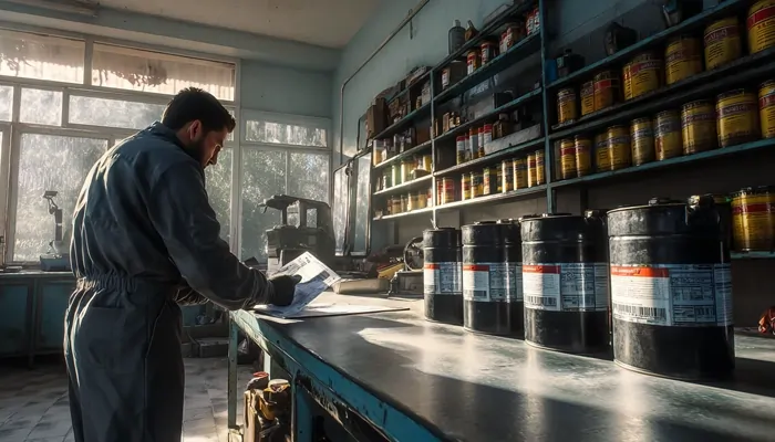 کارشناس در کارگاه روغن موتور در حال بررسی برگه مشخصات فنی و کنترل کیفیت قوطی‌های روغن موتور روی میز کار