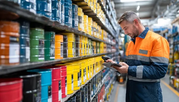 انباردار در حال بررسی موجودی قوطی‌های رنگارنگ روغن موتور در انبار صنعتی با دستگاه بارکدخوان