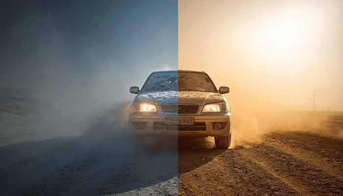 نمای مقایسه‌ای عملکرد خودرو با روغن موتور مناسب در شرایط سرمای شدید و گرمای کویر در یک تصویر ترکیبی