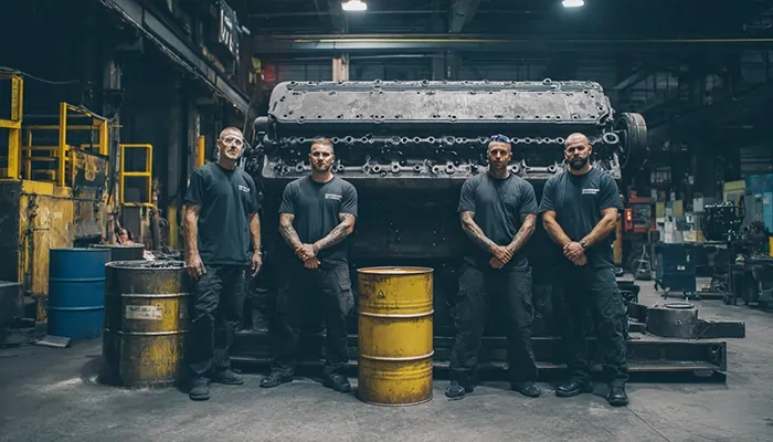 تیم فنی در محیط کارخانه با بشکه‌های روغن صنعتی و موتورهای سنگین در پس‌زمینه