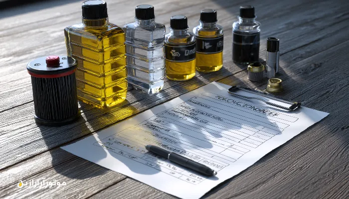 چک‌لیست سرویس دوره‌ای خودرو روی میز تعمیرگاه.