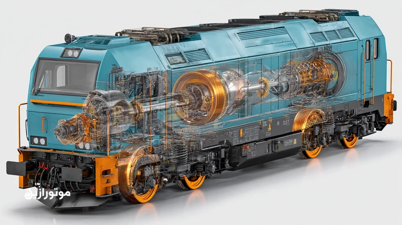 نمای شماتیک روانکاری لوکوموتیو: روغن موتور دیزل ریلی API CK-4، گیربکس تراکشن ISO VG 320/460 مطابق AGMA، و گریس بوژی NLGI 2 برای شرایط گرم ایران