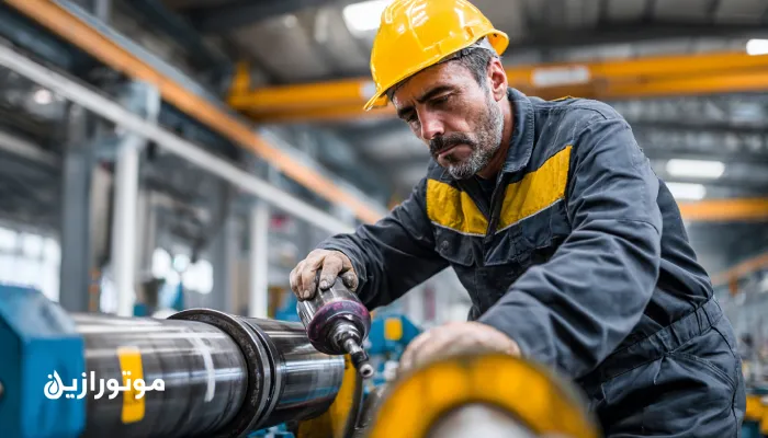 مهندس نگهداری ایرانی در حال ثبت داده تزریق گریس در تبلت CMMS با گریسگانهای رنگی و بشکههای موتورازین در پسزمینه