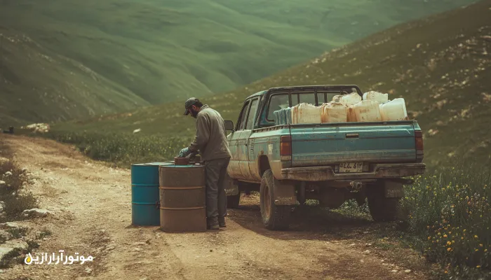 تعمیرکار در جاده روستایی میامی در حال بررسی سطح روغن موتور کنار وانت با بشکه‌های آبی موتورازین — نور طبیعی و پس‌زمینه جنگلی. روغن موتور میامی