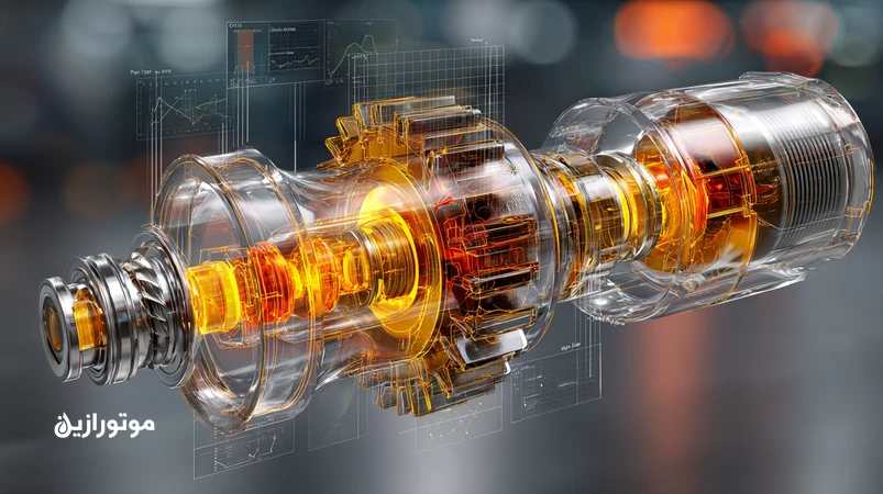 نمای برشی گیربکس مترو با چرخدندههای هلیکال، جریان روغن دنده سنتتیک و نمایش دادههای آنالیز روغن (PQ، ICP، FTIR) برای انتخاب گرید و فواصل سرویس