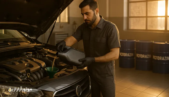 تعمیرگاه مدرن در دامغان هنگام تعویض روغن موتور با بشکههای برند موتورازین در پسزمینه. روغن موتور دامغان