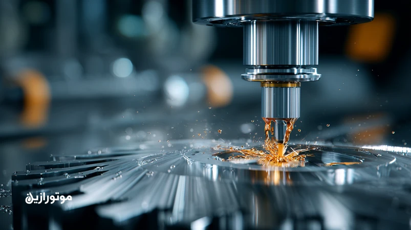 نمای نزدیک از فرز CNC قطعهٔ گیربکس خودرو با نازل MQL و مه روغن ریز برای کاهش دما و براده چسبیده؛ تمرکز بر سیال برش و کیفیت سطح