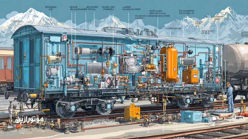 تصویر شماتیک سیستم ترمز هوای واگن با کمپرسور، افترکولر، خشککن دسیکانت و مخازن، همراه با تست نشتی اولتراسونیک در برنامه PM