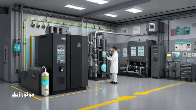 کمپرسور اسکرو چاپخانه با درایر و فیلترسپراتور و قوطی روغن ISO VG 46؛ نمایش دمای دیسشارژ، جدایش آب و پایداری اکسیداسیون برای تعیین فواصل سرویس.