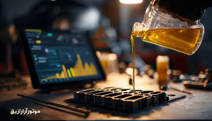 تصویر مکانیکی که در حال ریختن روغن موتور تمیز در خودرو است، با فضای کارگاهی مدرن و ابزارهای عیب‌یابی؛ نمادی از نگهداری هوشمند و افزایش عمر روغن موتور با روش‌های ساده و حرفه‌ای.