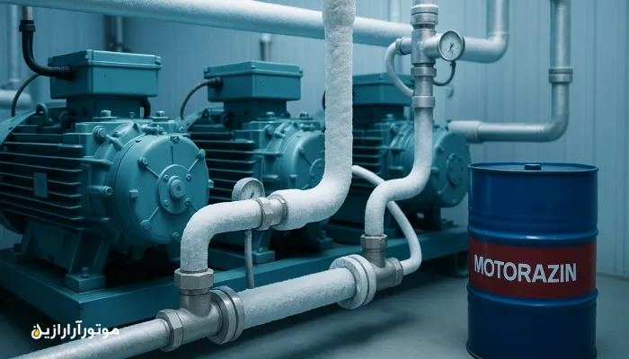 نمای نزدیک کمپرسورهای تبرید و لولههای استیل در سردخانه زرشک و زعفران مرزی ماهیرود با نور آبی سرد و کانتینر روغن موتورازین.. روغن صنعتی سربیشه