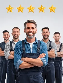 تیم تعمیرکاران حرفه‌ای با لباس کار و لبخند رضایت مشتری زیر پنج ستاره طلایی