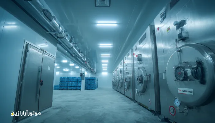 سردخانه زعفران در قائنات با کمپرسور تبرید مجهز به روغن صنعتی Food Grade موتورازین و نور سرد آبی، نشانگر دقت فنی و حفظ کیفیت محصول.. روغن صنعتی قائنات