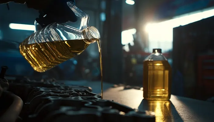 ریختن روغن موتور طلایی‌رنگ از بطری پلاستیکی درون موتور خودرو در کارگاه با نور طبیعی و پس‌زمینه تار