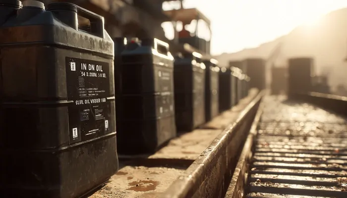 ردیف گالن‌های مشکی روغن صنعتی روی نوار فلزی در نور گرم غروب در محیط صنعتی روباز