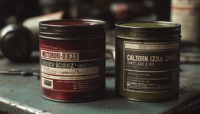 دو قوطی فلزی گریس صنعتی روی میز کارگاهی با پس‌زمینه تار و ابزارهای مکانیکی