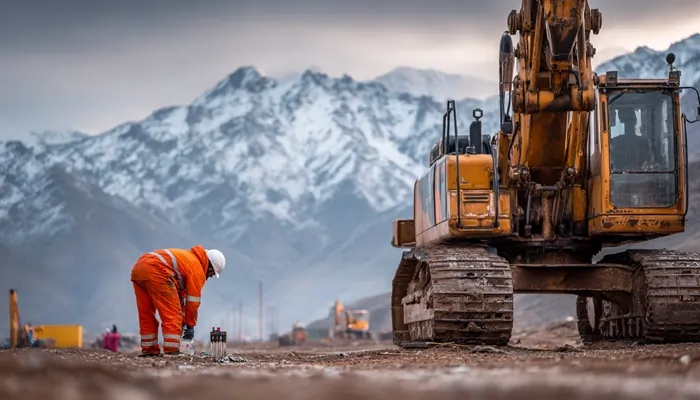 کارشناس راه‌سازی در حال کار کنار بیل مکانیکی در منطقه کوهستانی برفی با استفاده از روغن صنعتی مقاوم در سرما