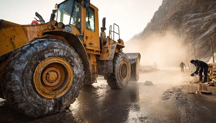 لودر بزرگ در جاده کوهستانی یخ‌زده در حال عملیات عمرانی با روانکار و روغن صنعتی مخصوص دمای پایین