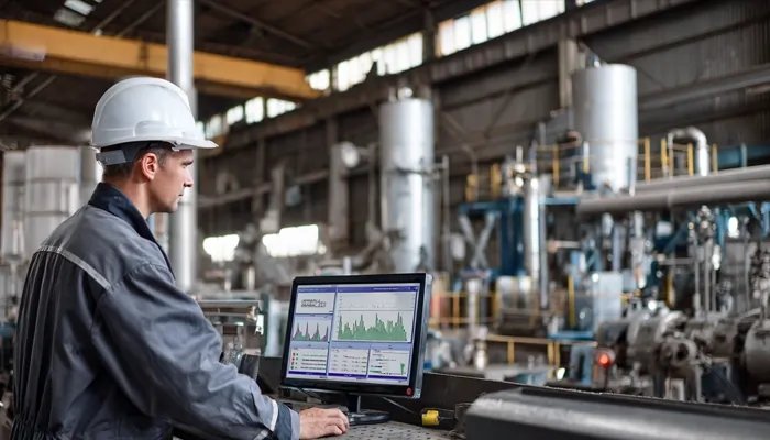 مهندس در کارخانه پتروشیمی در حال پایش داده‌های عملکرد تجهیزات و مصرف روغن صنعتی در خط تولید