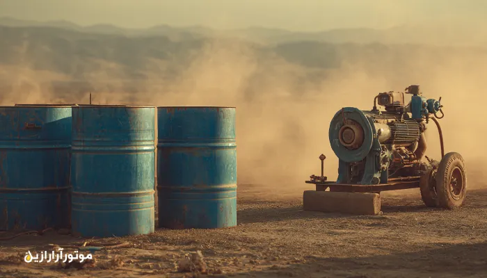 پمپ‌های آبیاری در سرخه با بشکه‌های آبی برند موتورازین در کنار موتور دیزلی، زیر نور آفتاب کویری. روغن صنعتی سرخه