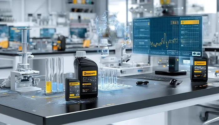 آزمایشگاه کنترل کیفیت روغن صنعتی با سیستم تحلیل دیجیتال و بطری‌های نمونه‌گیری برند موتورازین