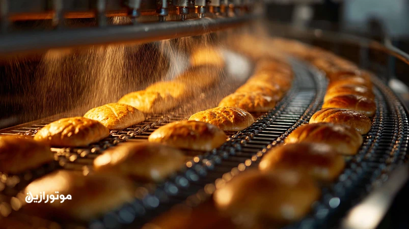 تصویر زنجیر فر تونلی در نانوایی صنعتی هنگام اسپری روغن زنجیر بیبو و کمتبخیر با تحمل دمای بالا، بدون دود و چکه، مناسب صنایع غذایی