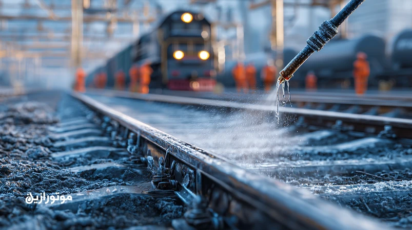 صحنه زمستانی ناوگان ریلی ایران با یخزدگی ریل و تیم نگهداری در حال گریسکاری؛ راهنمای گریس و روغن برای عملکرد مطمئن در سرما.