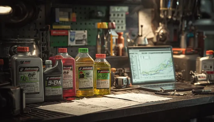 چند بطری رنگی روغن موتور و روانکار صنعتی روی میز کارگاه مکانیکی در کنار لپ‌تاپ و ابزارهای تعمیر خودرو