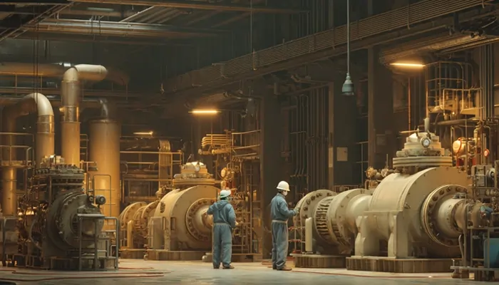 کارخانه صنعتی با توربین‌ها و پمپ‌های بزرگ، دو تکنسین با لباس کار آبی در حال بررسی تجهیزات در محیط بسته و روشن