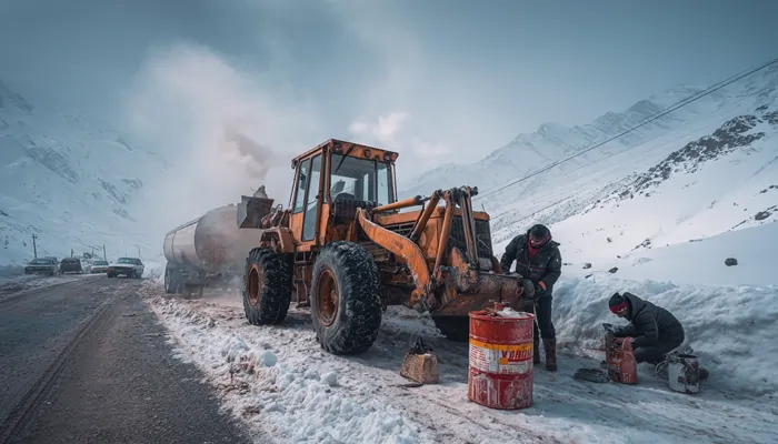 لودر زرد رنگ در جاده برفی کوهستانی، کارگران در حال سوخت‌گیری یا تعمیر دستگاه با بشکه روغن صنعتی در هوای سرد