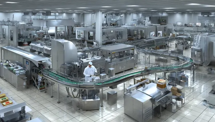 کارخانه بسته‌بندی مواد غذایی با خطوط تولید استیل و تجهیزات اتوماتیک، کارگر با لباس سفید در حال نظارت بر فرآیند تولید