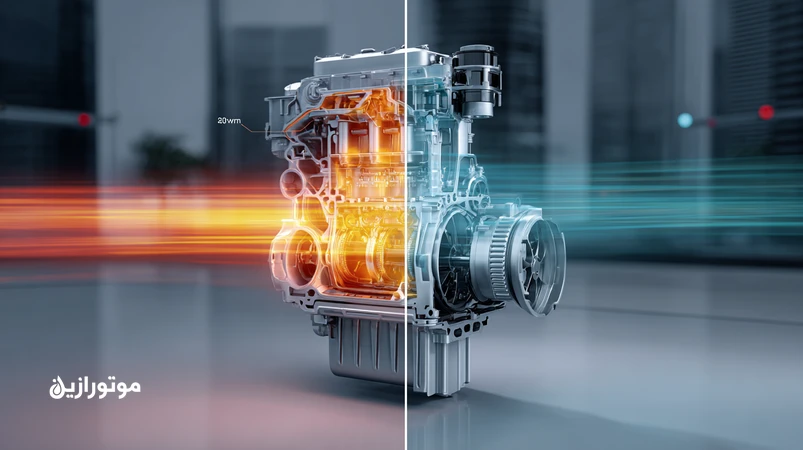 تصویر مقایسه 20W50 با گرید توصیه‌شده سازنده در تست داغ شهر–جاده؛ نمایش جریان روغن، فشار و دمای روغن در شرایط ترافیک و بزرگراه برای انتخاب صحیح ویسکوزیته