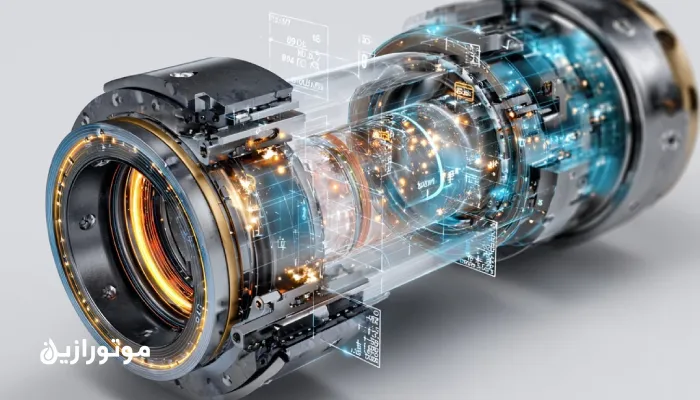 نمای نزدیک از یاتاقان صنعتی با فیلم روغن شفاف و حسگرهای دیجیتال، نمایش زنده ضخامت فیلم، ویسکوزیته و ارتعاش در مدل دیجیتال تویین روانکاری.