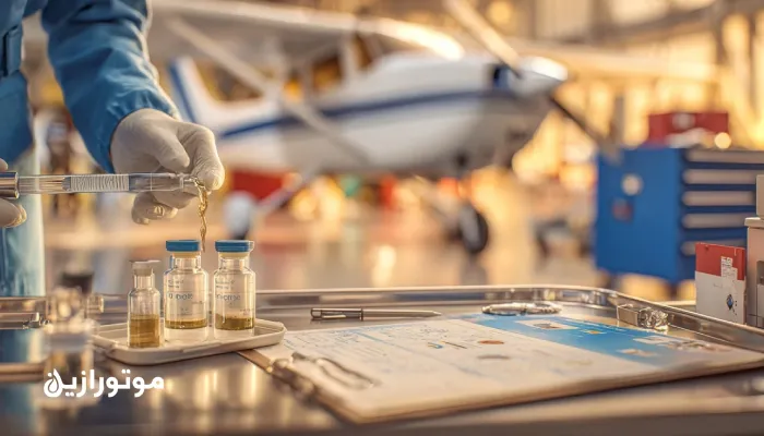 نمونه‌گیری میان‌جریان روغن موتور از موتور پیستونی هواپیمای سبک در آشیانه؛ تکنسین هوانوردی با لباس آبی در حال پر کردن ظرف استریل برای تحلیل فلزات سایش و عدد بازی کل (TBN) است. تجهیزات آزمایشگاهی مانند فیلتر بازشده، نمودار ویسکوزیته و دستگاه FTIR روی میز دیده می‌شوند.