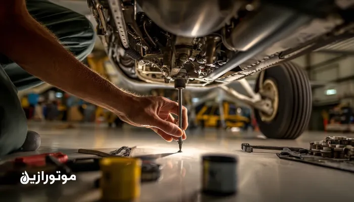 تکنسین تعمیرات هواپیما در آشیانه در حال گریسکاری لولای فلپ و یاتاقان چرخ با گریسهای استاندارد MIL-G-81322 و MIL-PRF-23827؛ نور صنعتی و تمرکز بر جزئیات مکانیکی و ایمنی پرواز.