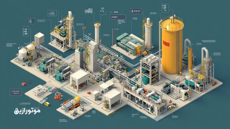 اینفوگرافیک فنی واحد شیرینسازی گاز با برج آمین، کمپرسورها و سیستم روغنکاری، شامل مقیاس ISO VG، سطوح API برای روغن دنده و موتور و کد تمیزی ISO 4406.