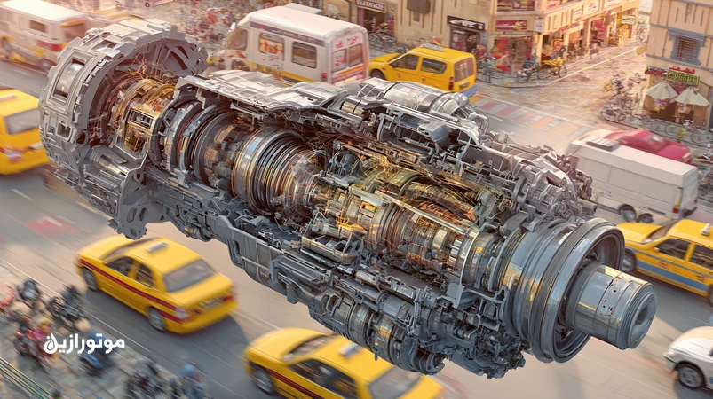 تصویر برشی گیربکس اتوماتیک در ناوگان شهری تهران با جریان روغن ATF؛ نمایش خنککاری و نرمی تعویض دنده در ترافیک پیاپی