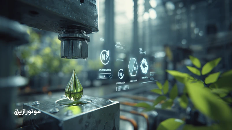 تصویر صنعتی از سیستم‌های هیدرولیک با نمادهای پایداری، نشان‌دهنده روغن‌های زیست‌تخریب‌پذیر و دوست‌دار محیط‌زیست با تاکید بر VI، پایداری اکسیداسیون و سازگاری آب‌بندی