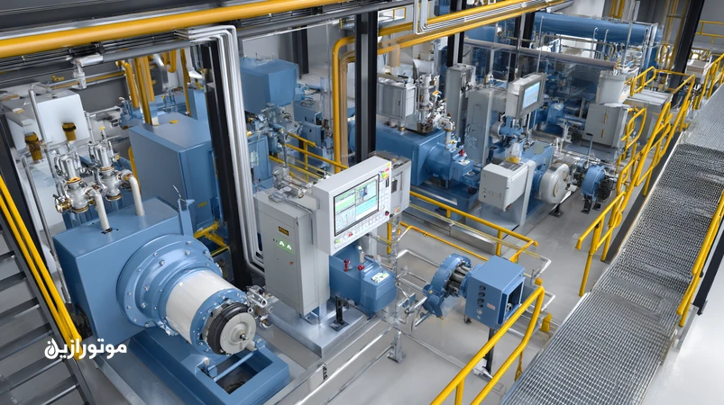 نمای نزدیک از سیستم روانکاری متمرکز خودکار در خط تولید با پمپ مرکزی، دیستریبیوتر، سنسور فشار و لوله‌های گریس به یاتاقان‌ها