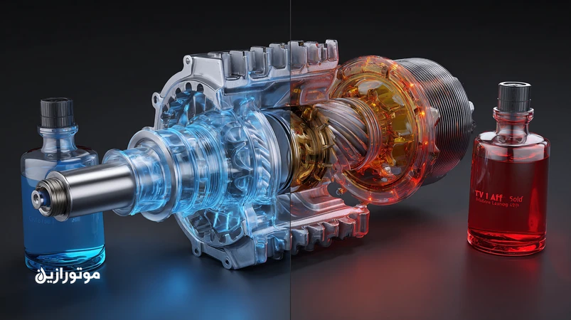 تصویر مقایسه روغن گیربکس CVT ژاپنی و ATF اروپایی با برش داخلی پولی و تسمه در برابر مجموعه سیاره‌ای و مبدل گشتاور؛ تاکید بر تفاوت فرمولاسیون و عملکرد