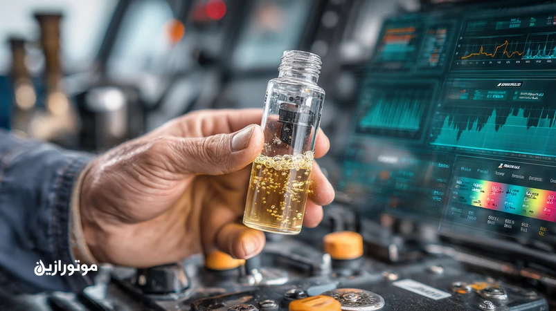 نمونه روغن موتور قایق شیری‌شده به‌علت ورود آب و نمک، با اشاره به تست Crackle و Karl Fischer برای تشخیص آلودگی در روغن موتور دیزلی دریایی