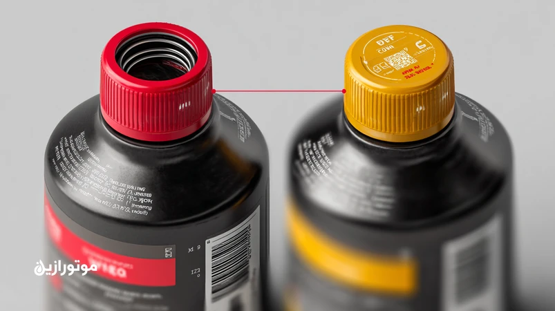 مقایسه بصری روغن موتور و ATF اصل با تقلبی؛ نمایش درب پلمب، سیل داخلی، چاپ تاریخ و بچ‌کد و QR برای تشخیص اصالت