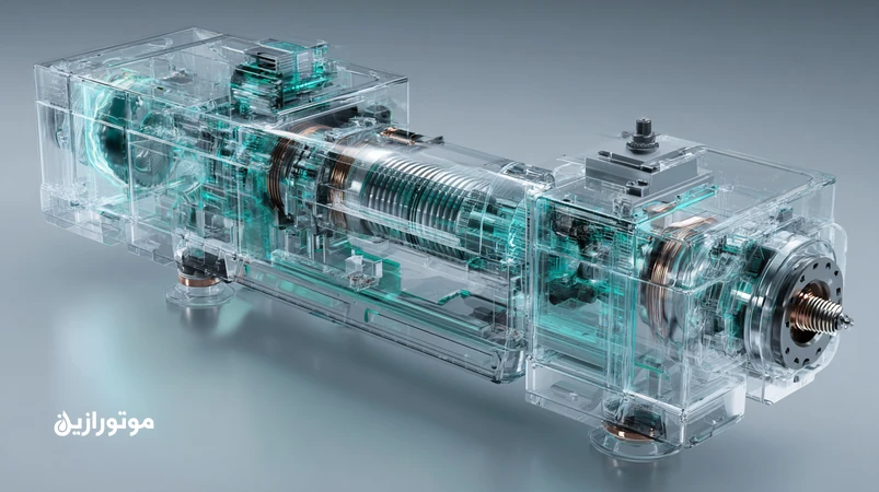 تصویر برش‌خورده e-Axle خودرو برقی با جریان سیال عایق الکتریکی برای خنک‌کاری سیم‌پیچ، حفاظت از مس و کاهش NVH؛ راهنمای انتخاب روغن e-Axle و سیالات EV